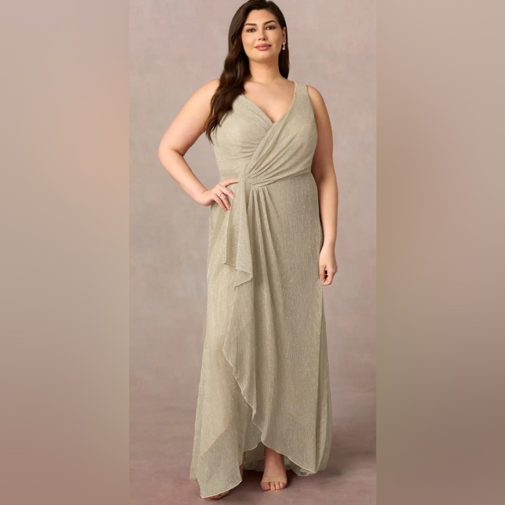 NWT- UPSTUDIO TUSCON Champagne A-Line VNeck Ruched Metallic Mesh Dress SIZE- A18 - Picture 6 of 14